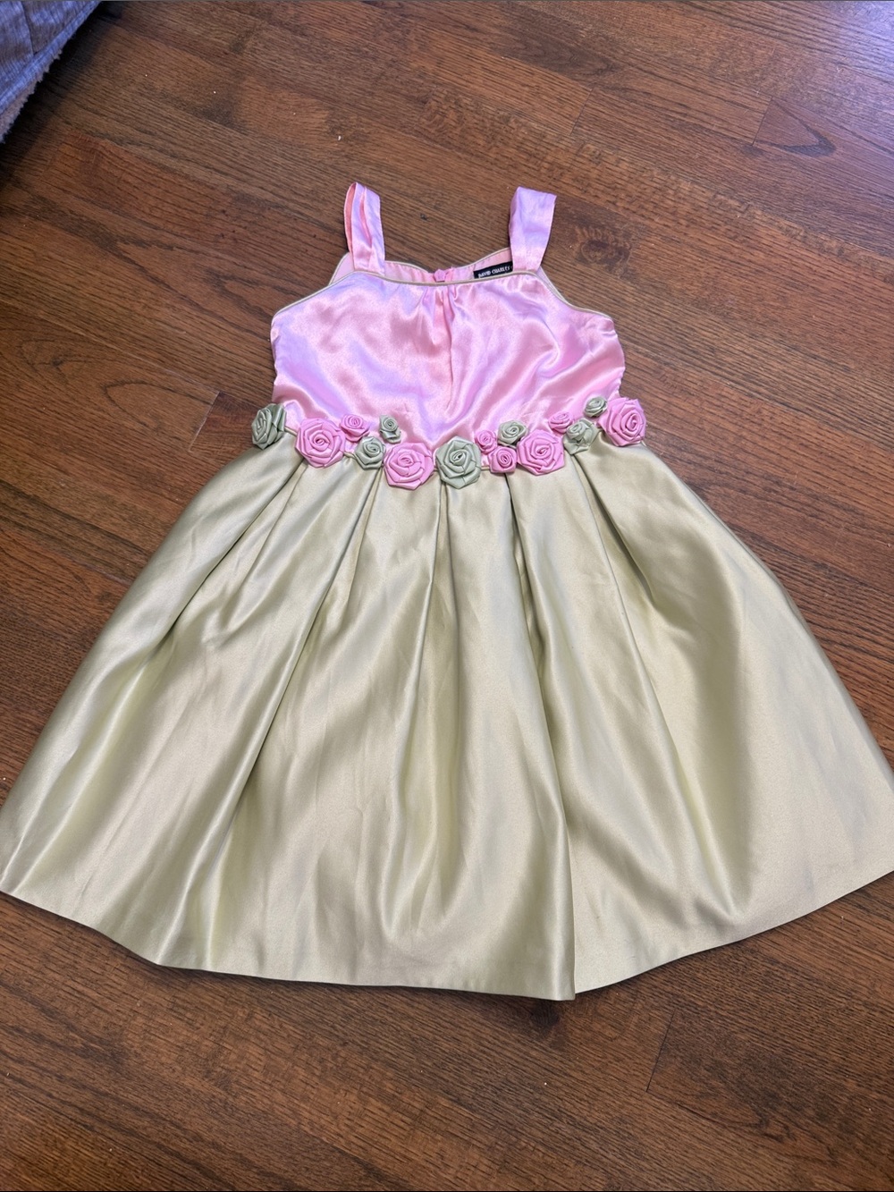 Girls' Pink and Light Green Satin Rose Party Dress